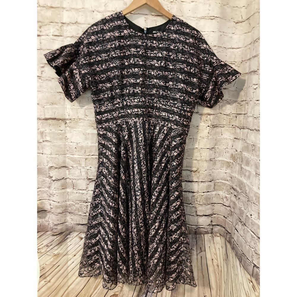 Jill Stuart Dress Womens 10 Midi Black Pink Floral Satin Ultra Flare Bell Sleeve